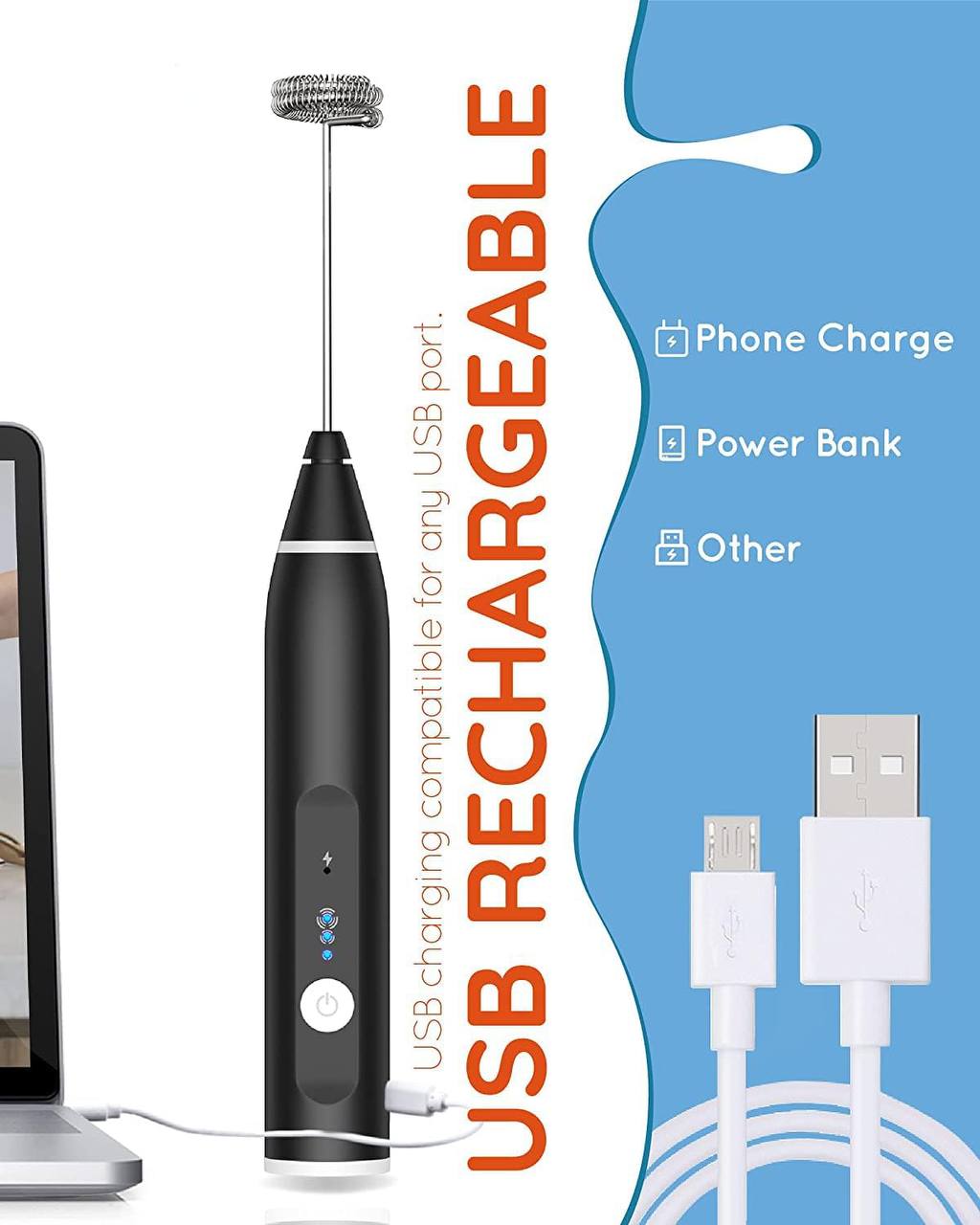 Rechargeable Electric Milk Frother | Coffee Beater & Whisk | 3-Speed Adjustable Settings Perfect for Coffee